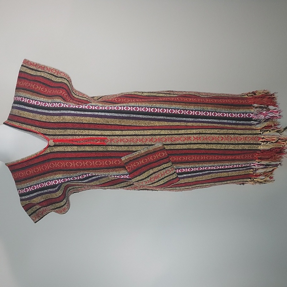 Thai Native Tribe Hmong Handwoven Cotton Boho Gypsy Baja Poncho Fringe Dress